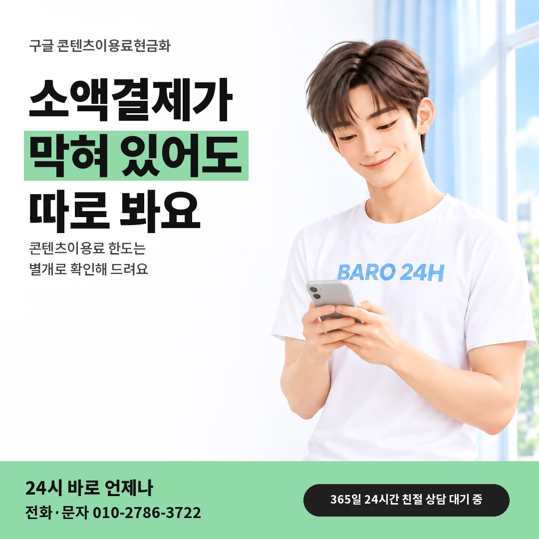 BARO 24H 티셔츠를 입은 3D 인물 옆에 「구글 콘텐츠이용료 안내」 제목을 얹은 안내 카드