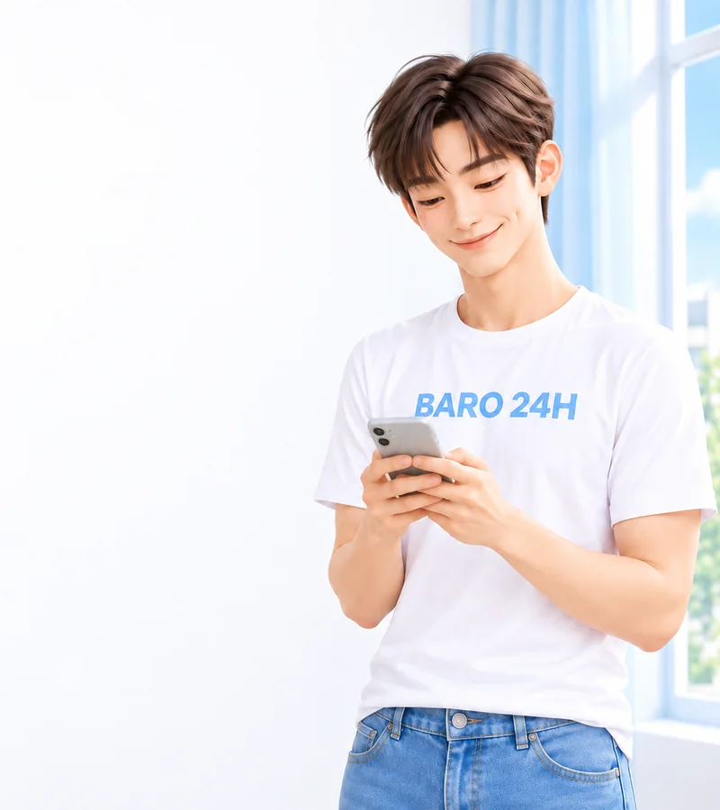 휴대폰을 들고 상담을 안내하는 BARO 24H 티셔츠 차림의 20대 3D 인물