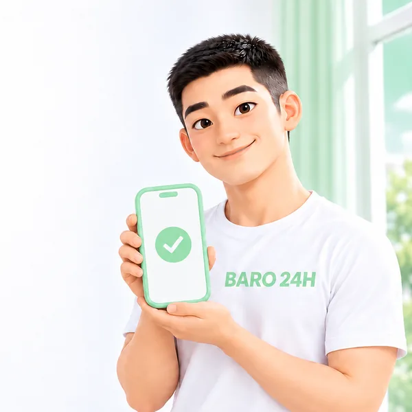 휴대폰 화면을 보여 주며 연락 방법을 알려 주는 3D 인물